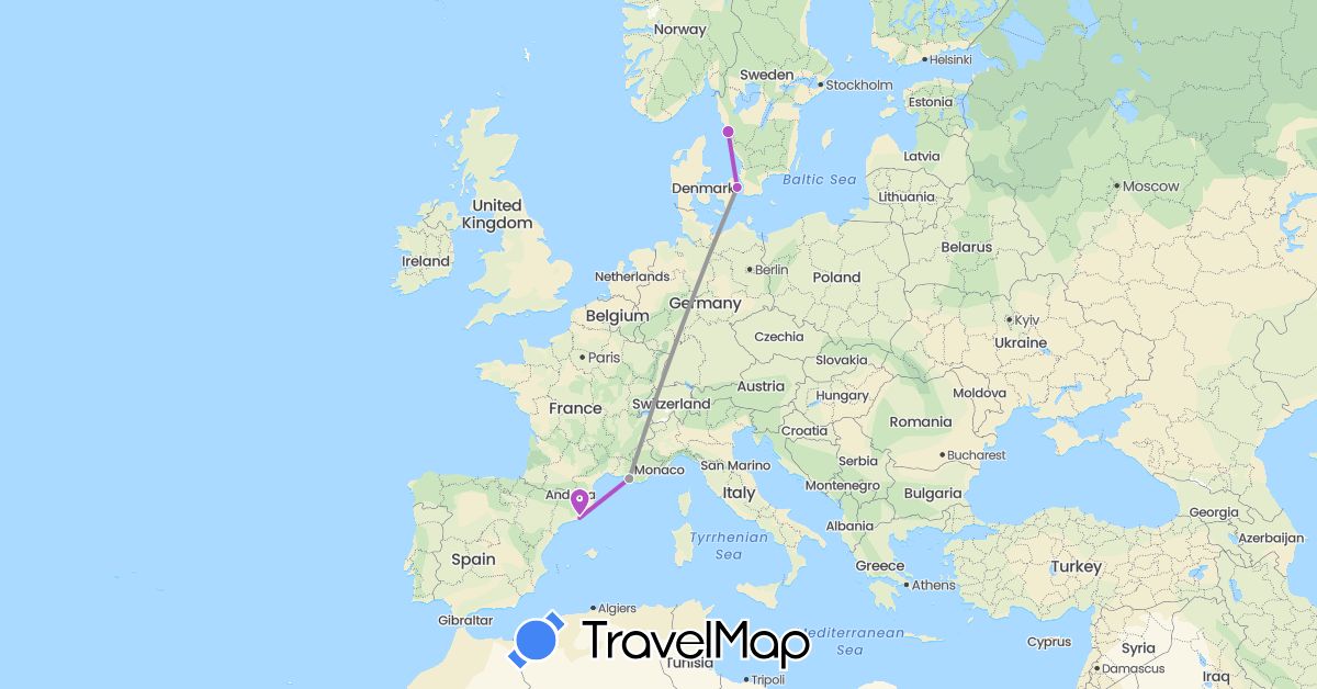 TravelMap itinerary: plane, train in Denmark, Spain, France, Sweden (Europe)